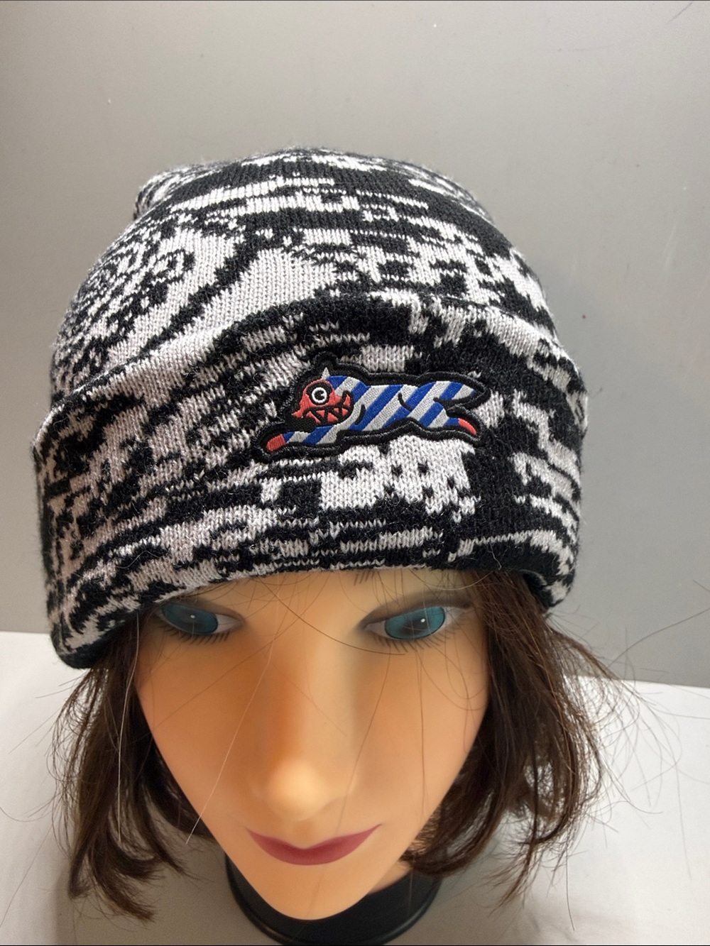 Icecream Black & White Patterned Knit Beanie with Multicolor Patch